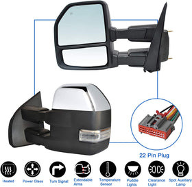 Towing Mirrors fit for 2015 2016 2017 2018 2019 2020 Ford F150 Pickup Truck with Temperature Sensor Turn Signal Lights Puddle Lights Auxiliary Lamp Power Heated Chrome Cap 22-Pin Plug - 0