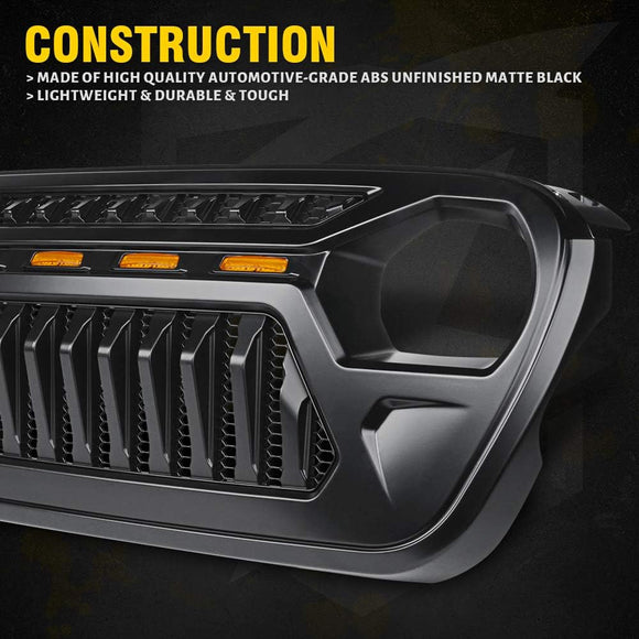 Mesh Grille Front Grill Cover Matte Black with Amber LED Running Lights for 2018 and Up Jeep Wrangler JL JLU JT Gladiator Accessories
