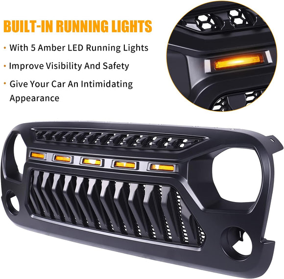 Front Grill Mesh Grille Cover Matte Black with Amber LED Running Lights for 2007-2018 Jeep Wrangler JK JKU Accessories & Unlimited Rubicon Sahara Sport, ABS