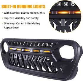 Mesh Grille Front Grill Cover Matte Black with Amber LED Running Lights for 2018 and Up Jeep Wrangler JL JLU JT Gladiator Accessories - 0