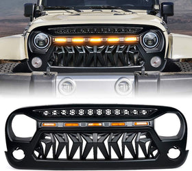Front Grill Mesh Grille Cover Matte Black with Amber LED Running Lights for 2007-2018 Jeep Wrangler JK JKU Accessories & Unlimited Rubicon Sahara Sport, ABS