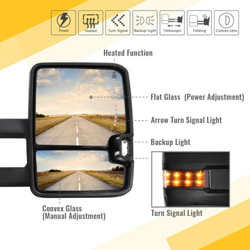 Towing Mirrors for 1999 2000 2001 2002 Chevy Silverado Suburban Tahoe GMC Sierra Yukon with Power Glass Arrow Turn Signal Light Heated Backup Lamp Extendable Pair Set - 0