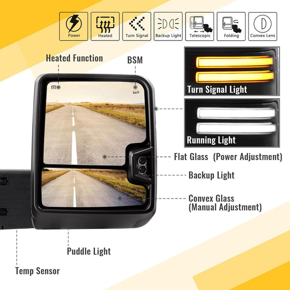 Tow mirror for GMC Sierra 1500 2019 - 2024 power heated turn Signal RH Passenger side