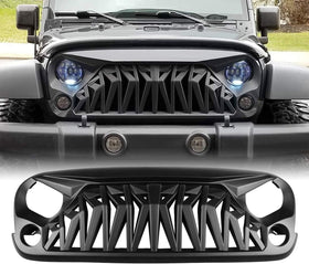 Front Matte Black Grille w/Mesh Insert for Jeep Wrangler Rubicon Sahara Sport JK JKU 2007-2018 (Matte Black Shark) - 0