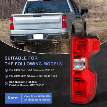 Tail Light Assembly Compatible with 2019 2020 2021 2022 Chevy Silverado 1500 GM2800308 Braking Lamps, Bulbs and Harness Included, Rear Right Side Replacement. - 0