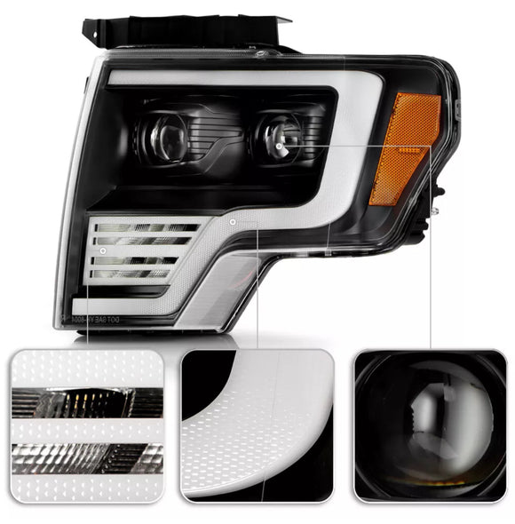 Tecman headlights for 2009 - 2014  F150 LED white day lights black housing clear lens