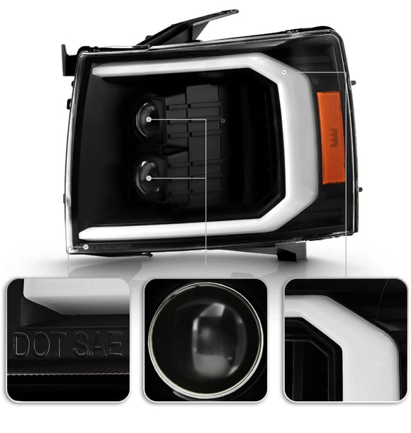 For 2007-2013 Chevy Silverado 1500 2500HD 3500HD Black LED Signal w/Light Tube Projector Headlights Headlamps