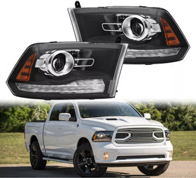 Tecman headlamps For 2010 -2018 Dodge Ram 1500 2500 3500 Black Projector Headlights w/ LED DRL