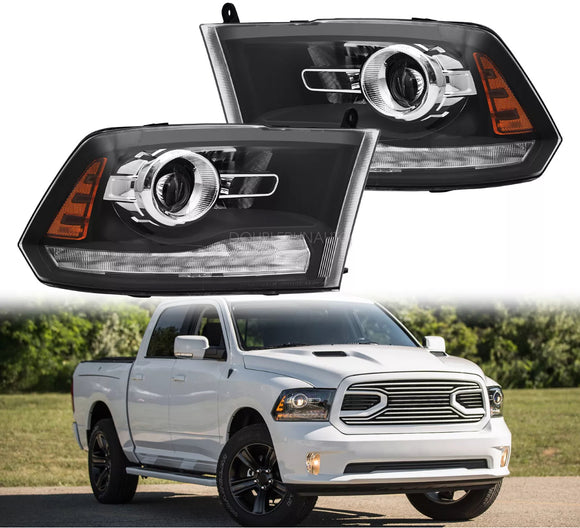 Tecman headlamps For 2010 -2018 Dodge Ram 1500 2500 3500 Black Projector Headlights w/ LED DRL