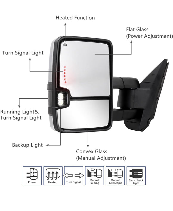Switchback Towing Mirror, for 2007-2013 Chevy Silverado GMC Sierra Tow Mirrors with Power Adjusted Heated Glass Running Light Turn Signal Light Backup Lamp, Chrome,