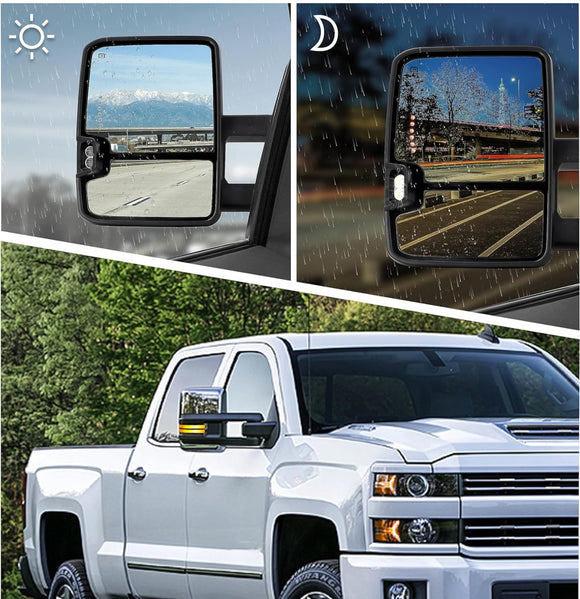 Switchback Towing Mirror, for 2007-2013 Chevy Silverado GMC Sierra Tow Mirrors with Power Adjusted Heated Glass Running Light Turn Signal Light Backup Lamp, Chrome,