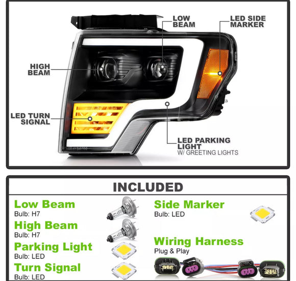 Tecman headlights for 2009 - 2014  F150 LED white day lights black housing clear lens