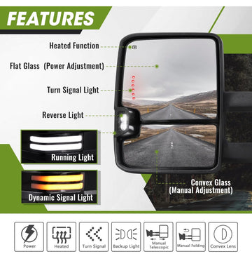 Switchback Towing Mirrors for 2003-2007 Chevy Silverado Side Mirrors GMC Sierra Tow Mirrors with Dynamic Turn Signal&Running Light Backup Lamp Power Heated Extendable Pair Set(Chrome) - 0