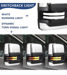 Switchback Towing Mirror, for 2007-2013 Chevy Silverado GMC Sierra Tow Mirrors with Power Adjusted Heated Glass Running Light Turn Signal Light Backup Lamp, Chrome, - 0