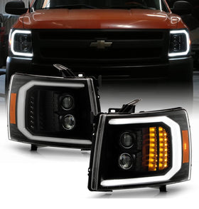 For 2007-2013 Chevy Silverado 1500 2500HD 3500HD Black LED Signal w/Light Tube Projector Headlights Headlamps