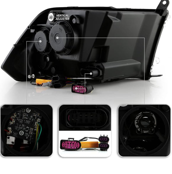 Tecman Headlights set for Ram 2009 - 2018 ( Classic 2019 - 2024 Black Housing Clear lens Led Replaces CH2519135