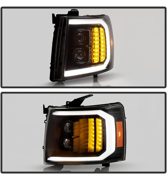 For 2007-2013 Chevy Silverado 1500 2500HD 3500HD Black LED Signal w/Light Tube Projector Headlights Headlamps