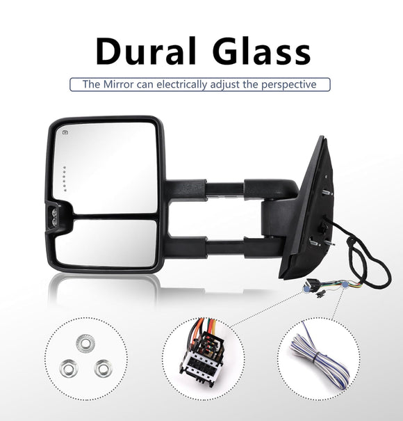 Switchback Towing Mirror, for 2007-2013 Chevy Silverado GMC Sierra Tow Mirrors with Power Adjusted Heated Glass Running Light Turn Signal Light Backup Lamp, Chrome,