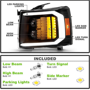 For 2007-2013 Chevy Silverado 1500 2500HD 3500HD Black LED Signal w/Light Tube Projector Headlights Headlamps - 0
