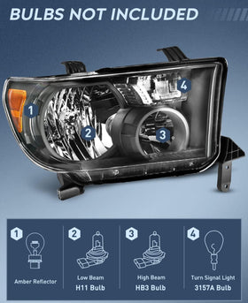 Headlight Assembly for 2007 2008 2009 2010 2011 2012 2013 Toyota Tundra 2008-2017 Sequoia Headlamps Replacement Black Housing Amber Reflector Driver and Passenger Side - 0