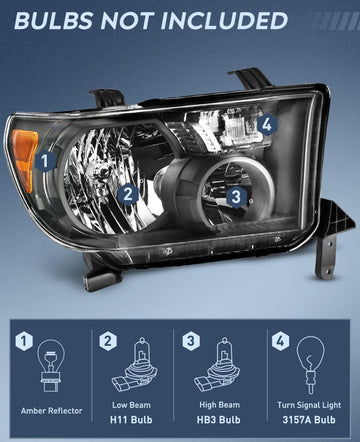 Headlight Assembly for 2007 2008 2009 2010 2011 2012 2013 Toyota Tundra 2008-2017 Sequoia Headlamps Replacement Black Housing Amber Reflector Driver and Passenger Side - 0