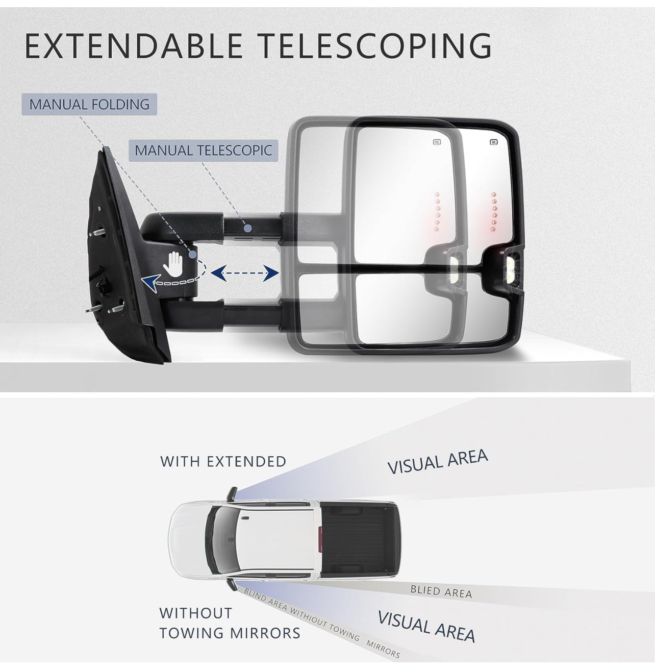Switchback Towing Mirror, for 2007-2013 Chevy Silverado GMC Sierra Tow Mirrors with Power Adjusted Heated Glass Running Light Turn Signal Light Backup Lamp, Chrome,