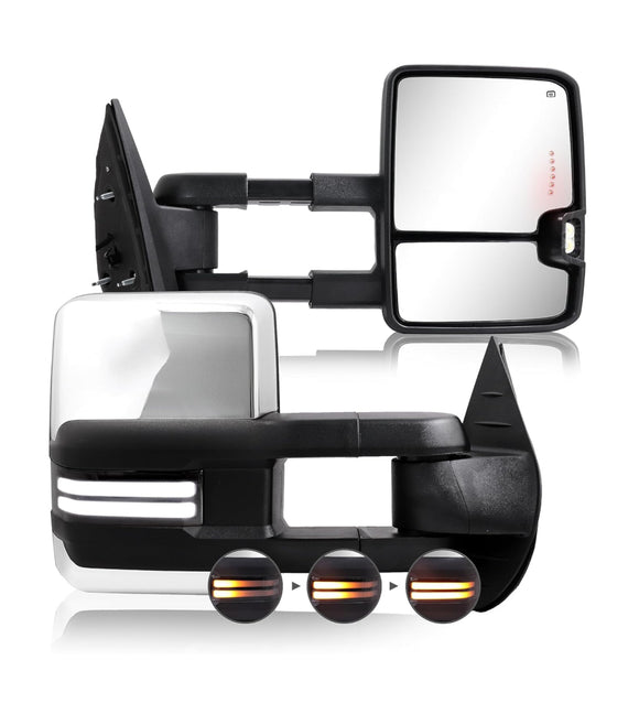 Switchback Towing Mirror, for 2007-2013 Chevy Silverado GMC Sierra Tow Mirrors with Power Adjusted Heated Glass Running Light Turn Signal Light Backup Lamp, Chrome,
