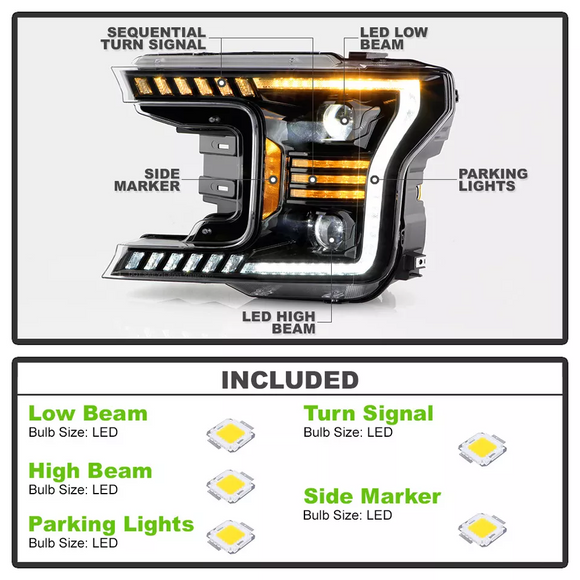Tecman Headlights set for Ford F150 2018 - 2020 Black Housing Clear lens Led Replaces FO2502372 FO2503372