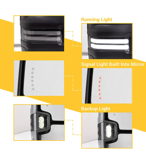 Towing mirrors for Silverado Sierra white led Running lights Amber turn Signal power heated