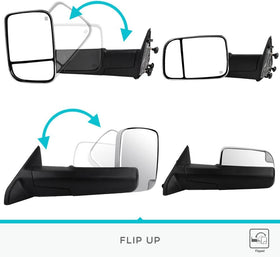 Towing Mirrors for 2019-2022 Ram 1500 - Dodge Tow Mirror with Power Glass Heated Turn Signal Light Puddle Lamp Temp Sensor Flip up Pair Set Chrome - 0