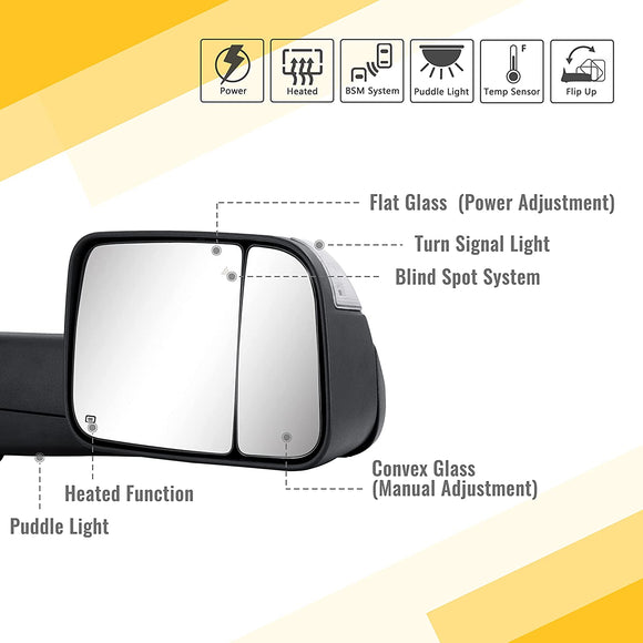Towing Mirrors for 2019-2024 Ram 1500 - Dodge Tow Mirror with Power Glass Heated Turn Signal Light Puddle Lamp Temp Sensor Flip up Pair Set